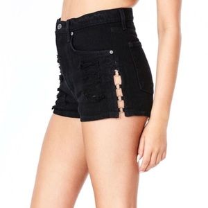 LF Carmar black denim silver ring shorts
